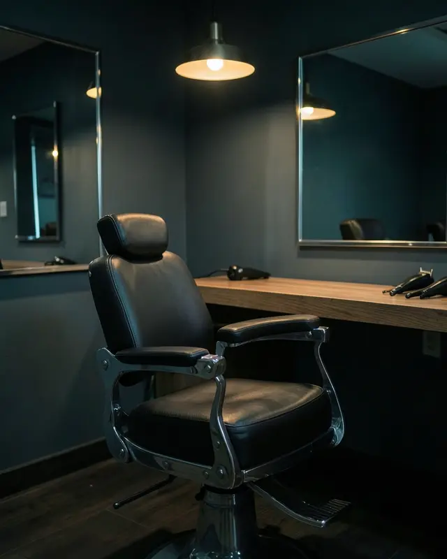 A barbershop chair under a warm pendant light
