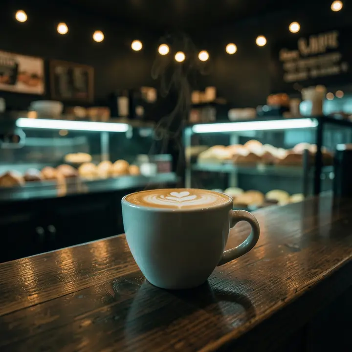 A latte with leaf art on a wooden counter
