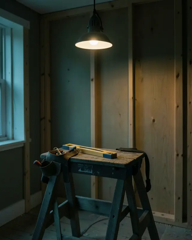 A freshly framed wall with a tool belt and level on a sawhorse