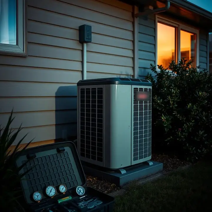 An air conditioning unit beside a house at dusk