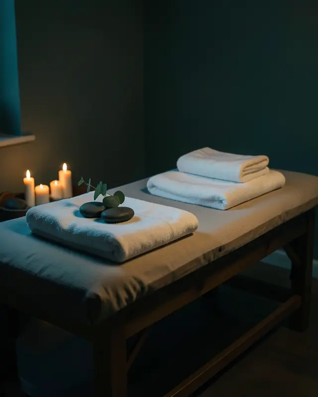 A massage table with folded towels, candles and stones