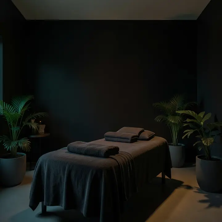 A calm, dimly lit spa treatment room
