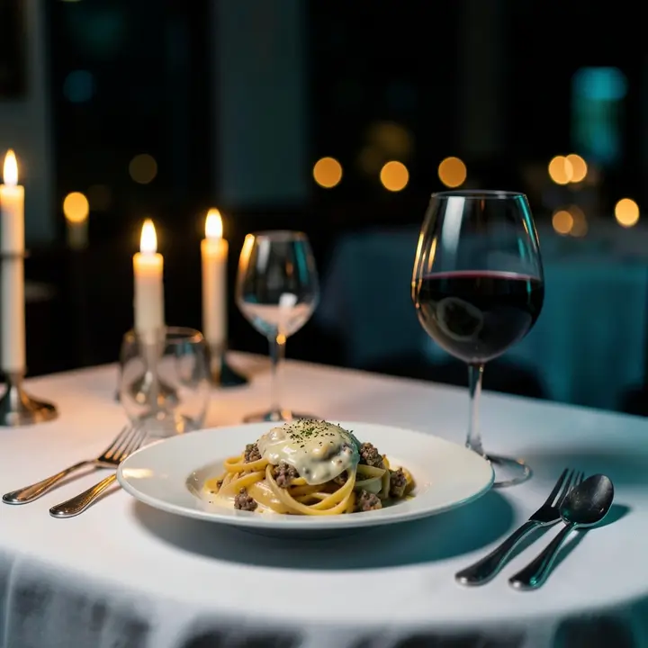 A plated pasta dish and a glass of wine on a candlelit table